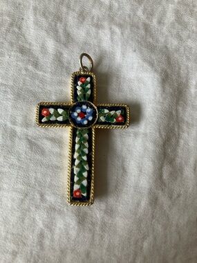 Gold-Tone Micro Mosaic Cross Pendant- Floral Inlay